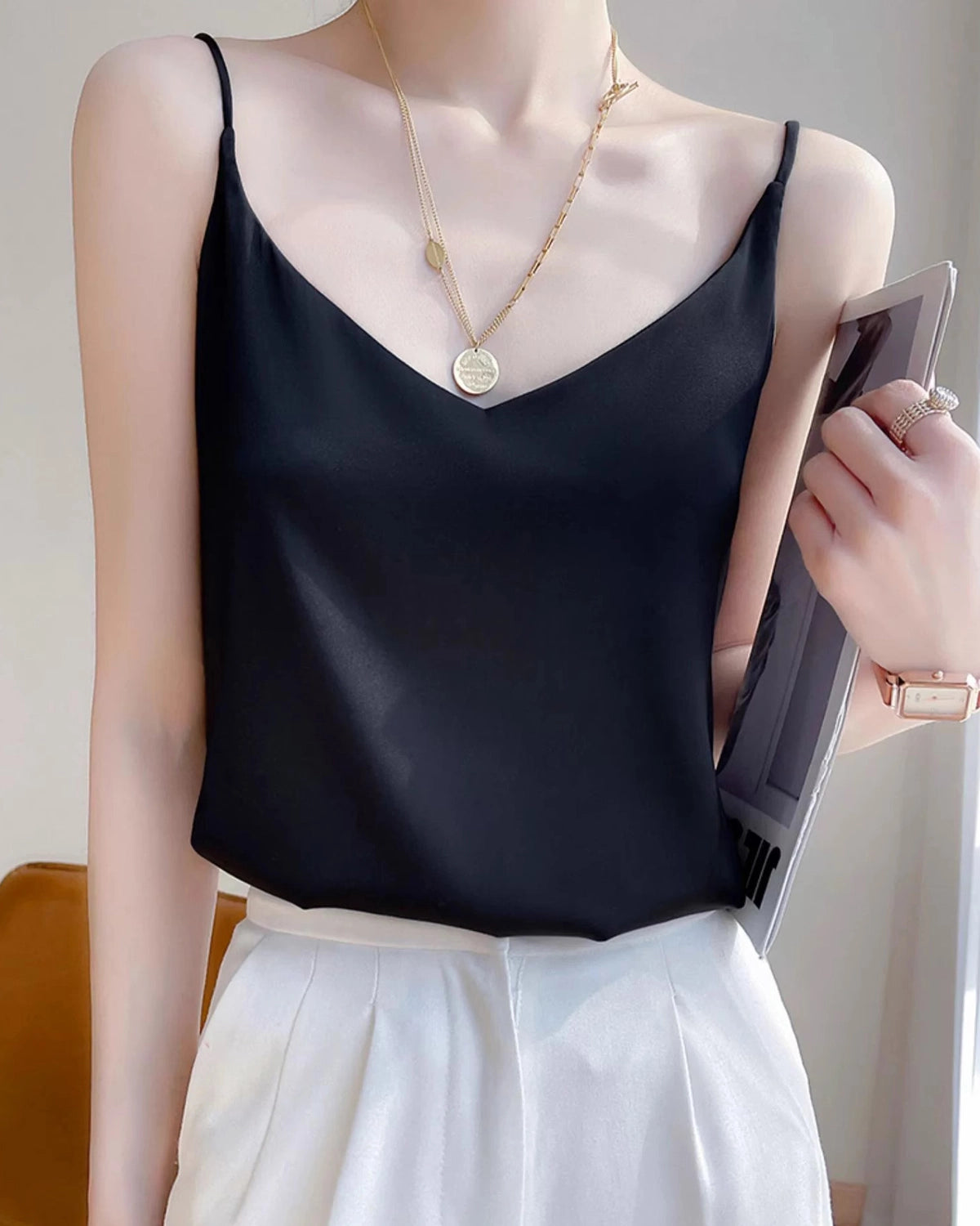 Spaghetti Strap Silk Camisole, Black