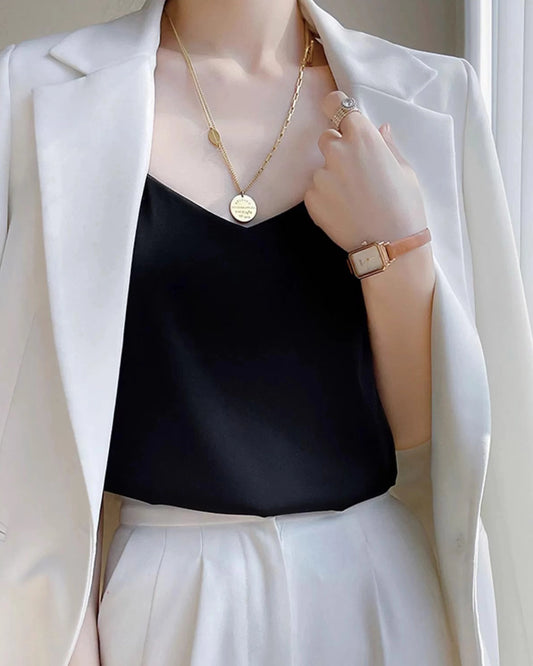 Spaghetti Strap Silk Camisole, Black