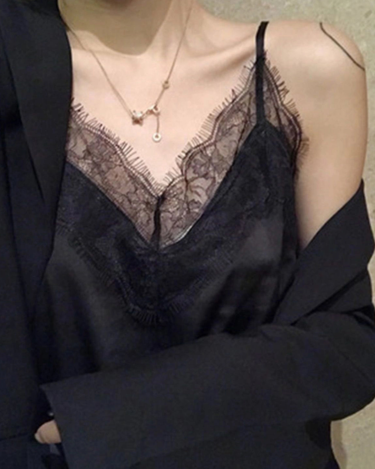 V-Neck Lace Silk Camisole, Black