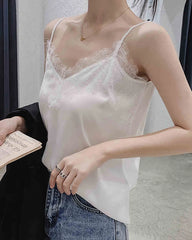 V-Neck Lace Silk Camisole, White