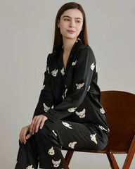 Puppy Print Silk Pajama Set, Black
