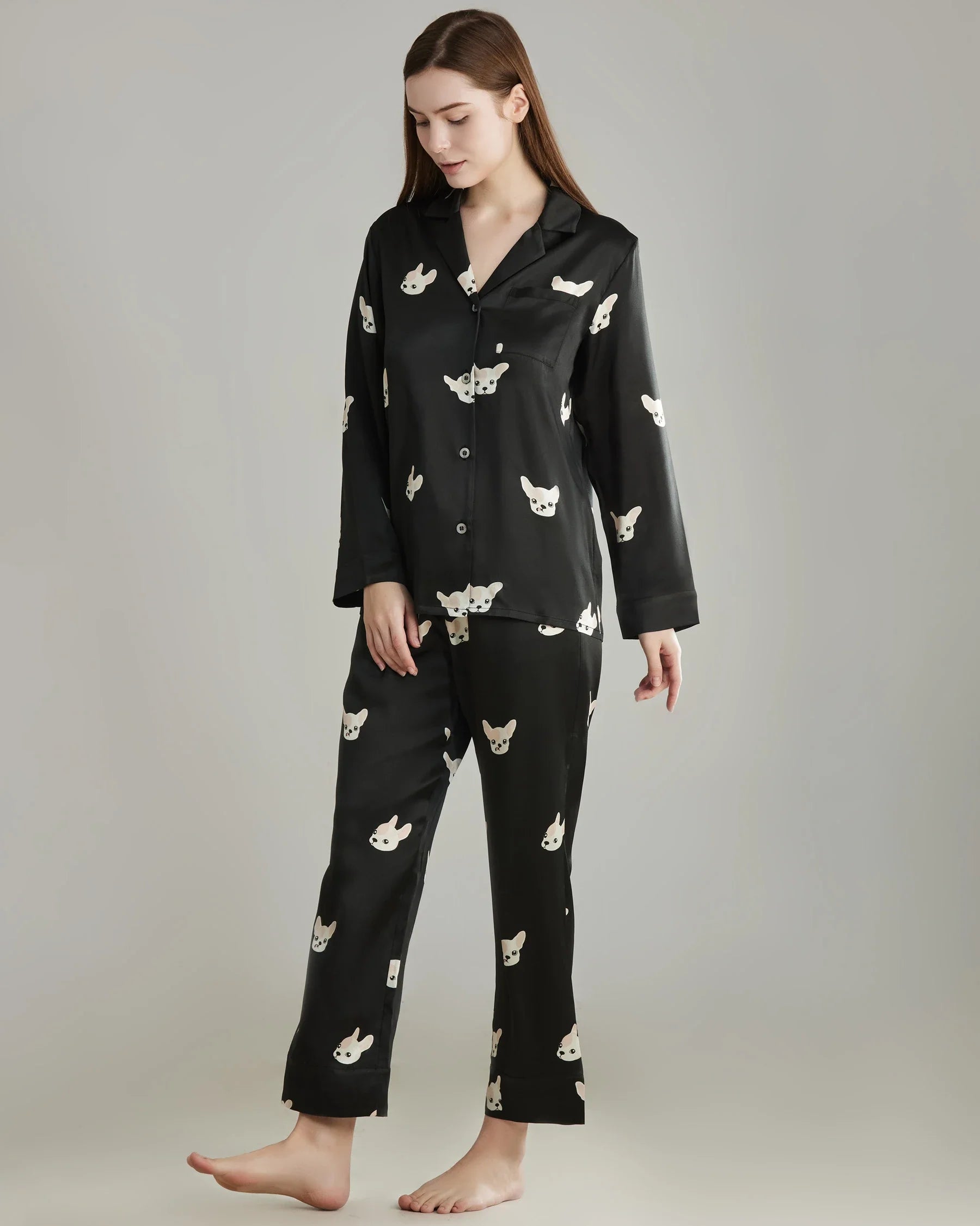 Puppy Print Silk Pajama Set, Black