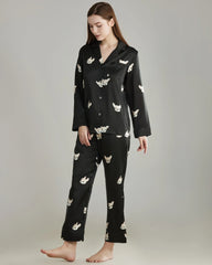 Puppy Print Silk Pajama Set, Black