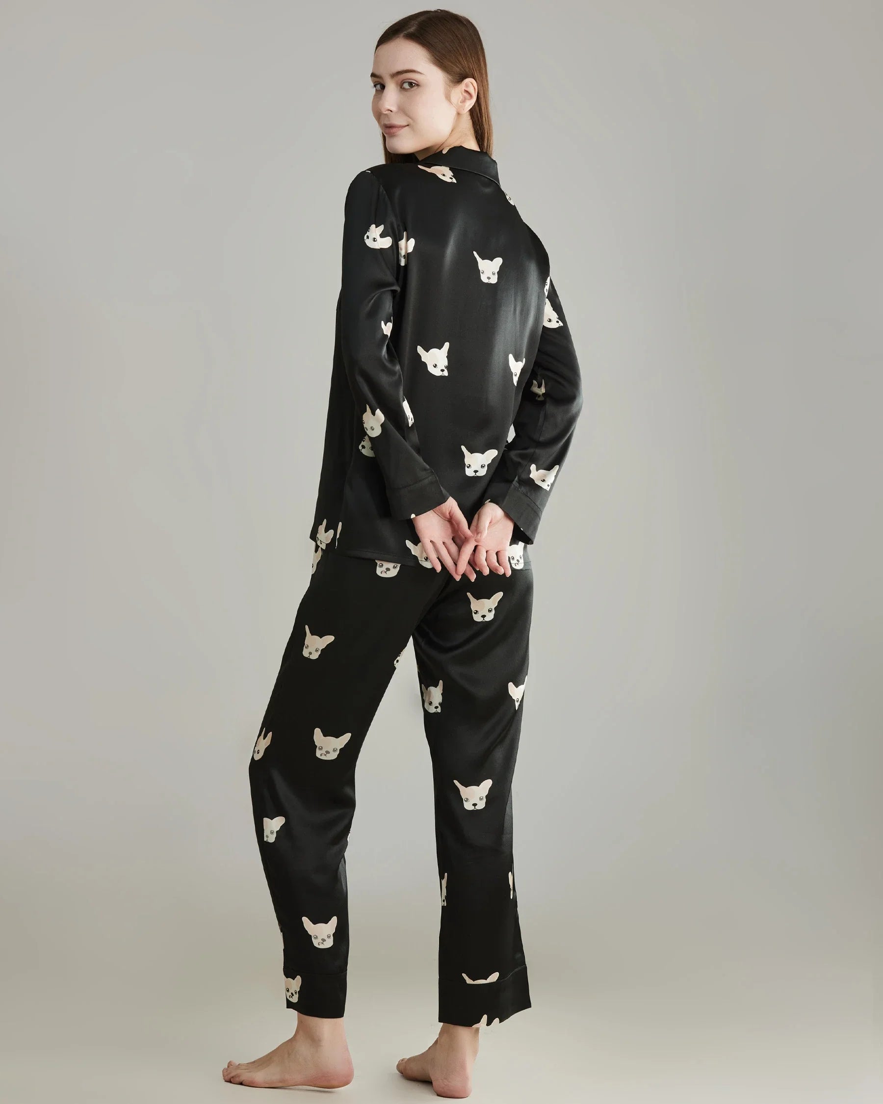 Puppy Print Silk Pajama Set, Black