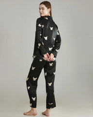 Puppy Print Silk Pajama Set, Black