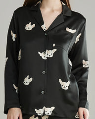 Puppy Print Silk Pajama Set, Black