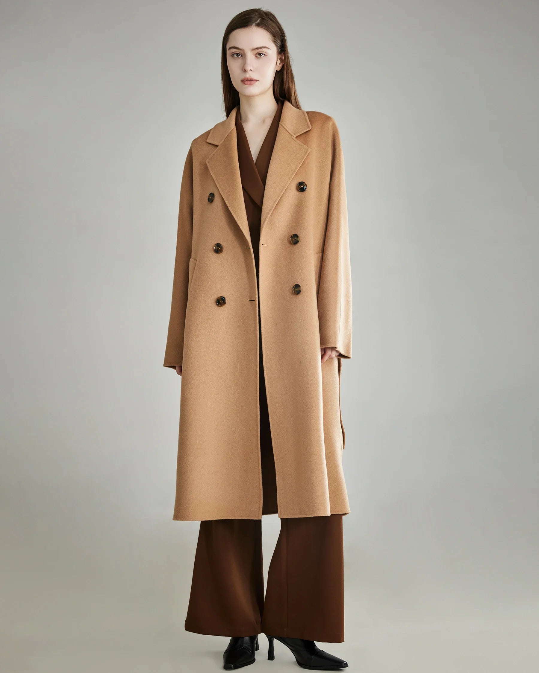Double-breasted Belted Wool Coat, Camel