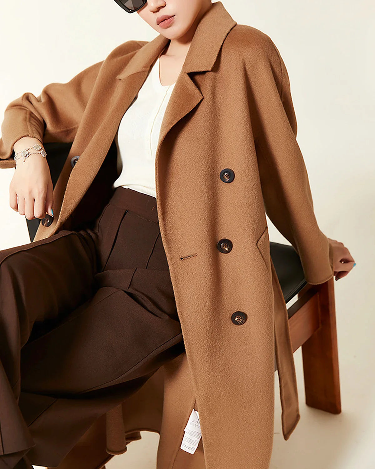 Double-breasted Belted Wool Coat, Caramel