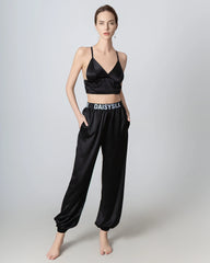 Elastic Waist Loose Ankle Cuffed Silk Pant for Women, Black