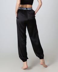 Elastic Waist Loose Ankle Cuffed Silk Pant for Women, Black