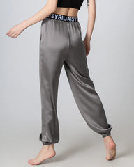 Elastic Waist Loose Ankle Cuffed Silk Pant for Women, Grey