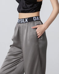 Elastic Waist Loose Ankle Cuffed Silk Pant for Women, Grey