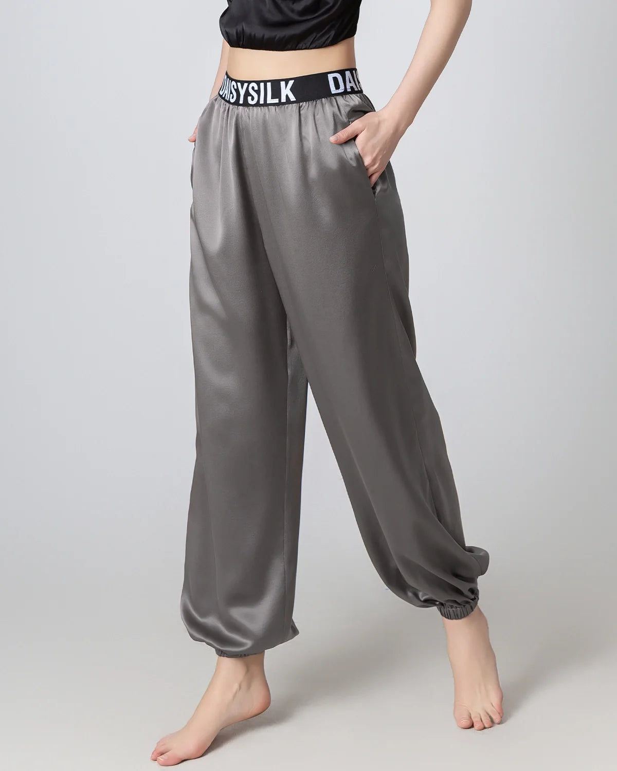 Elastic Waist Loose Ankle Cuffed Silk Pant for Women, Grey