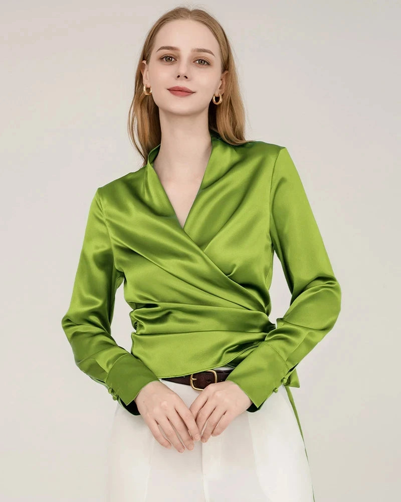 Elegant Fitted Silk Wrap Blouse, Mustard Green
