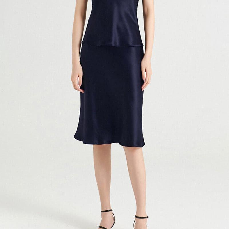 Elegant Knee-Length Silk Skirt Navy