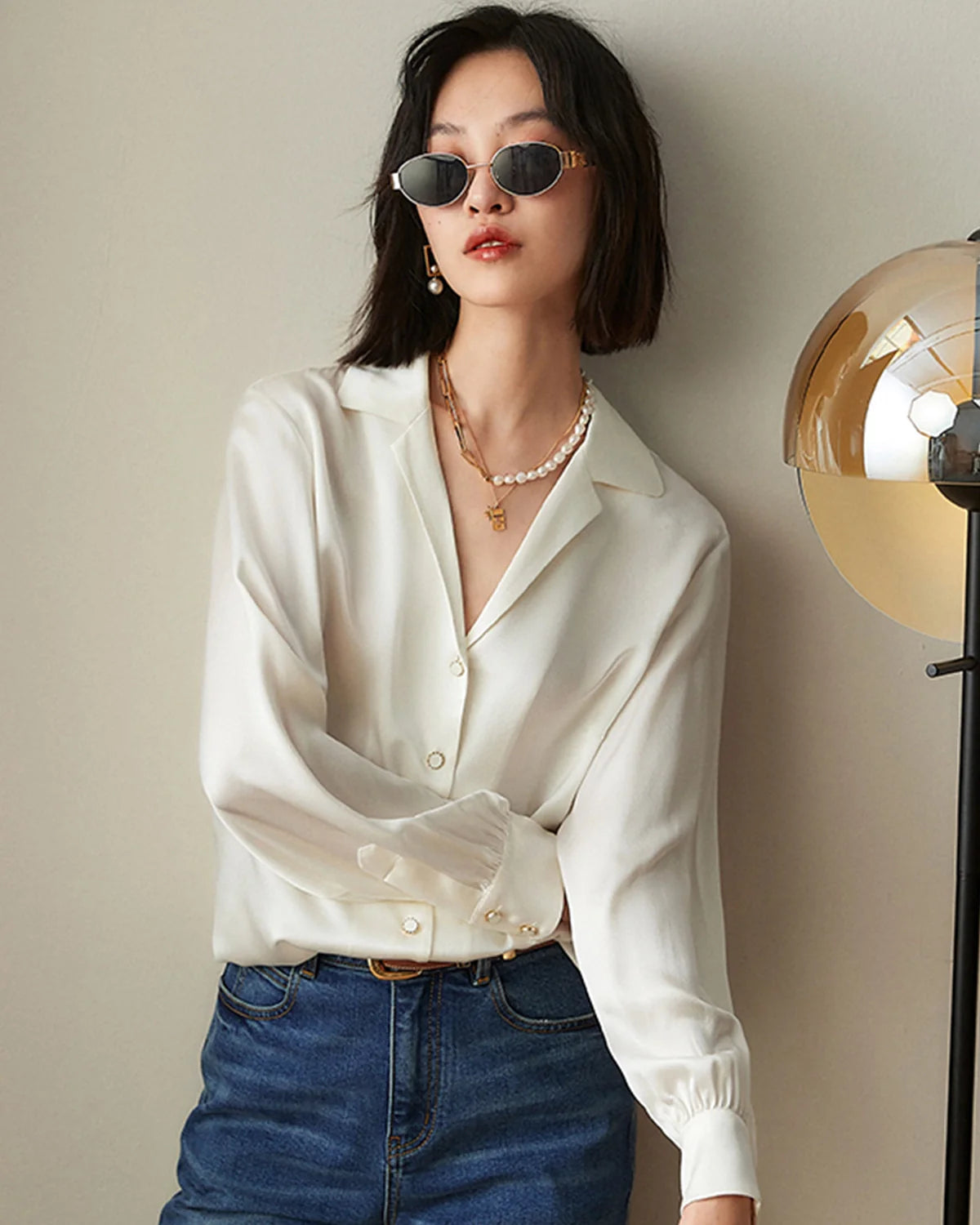 V-neck Lapel Collar Silk Blouse, White