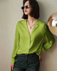 V-neck Lapel Collar Silk Blouse, Mustard Green