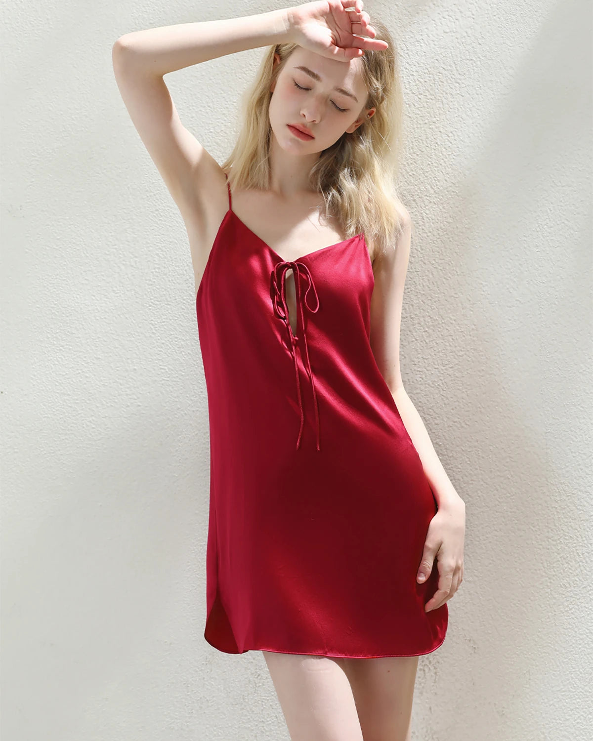 Elegant Short Silk Slip Nightdress, Red