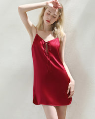 Elegant Short Silk Slip Nightdress, Red