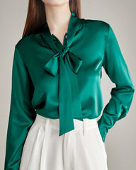 Elegant Silk Bow Tie Blouse Dark Green