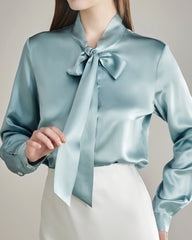 Elegant Silk Bow Tie Blouse Haze Blue