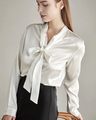 Elegant Silk Bow Tie Blouse Ivory
