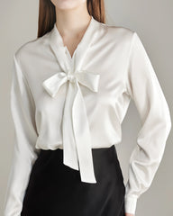 Elegant Silk Bow Tie Blouse Ivory