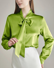 Elegant Silk Bow Tie Blouse, Mustard Green