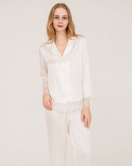 Elegant Lace Trim Silk Pajamas Set