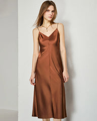 V-neck Silk Slip Midi Dress, Brown