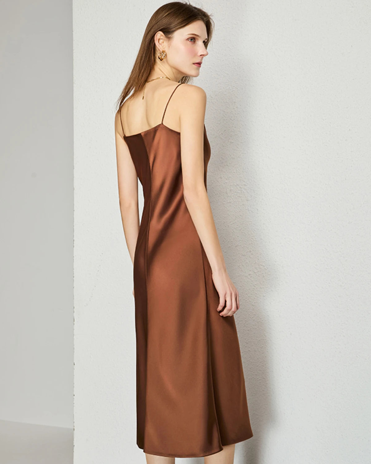 V-neck Silk Slip Midi Dress, Brown
