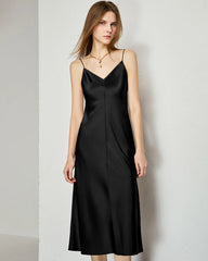 V-neck Silk Slip Midi Dress, Black