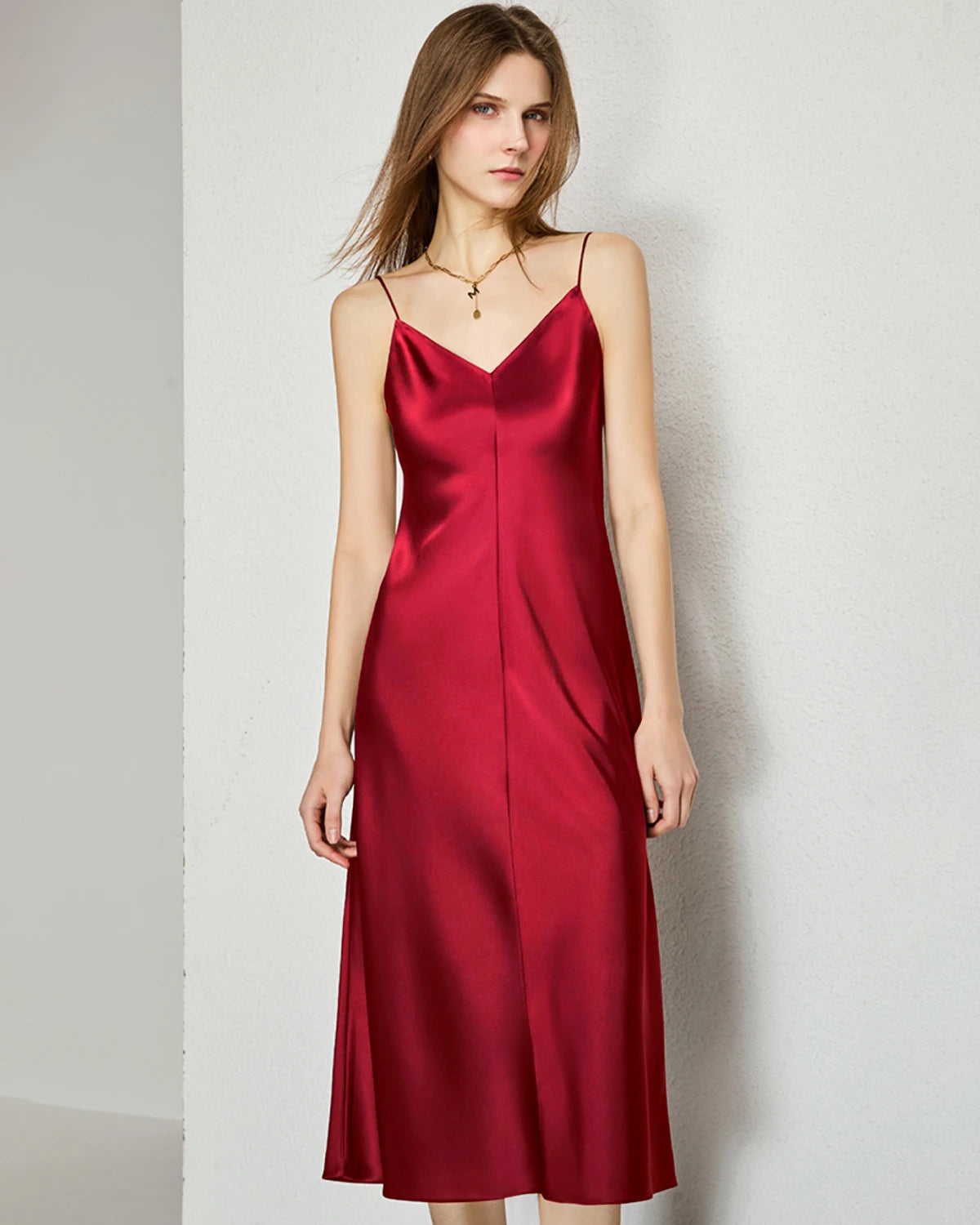 V-neck Silk Slip Midi Dress, Red