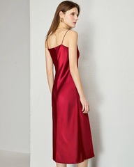V-neck Silk Slip Midi Dress, Red
