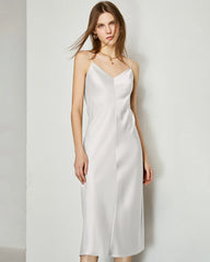V-neck Silk Slip Midi Dress, White