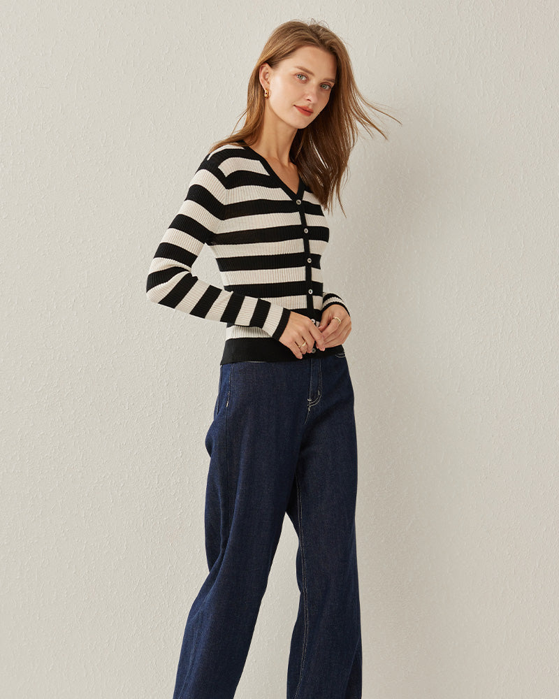 Classic Stripe V-Neck Cardigan, Black