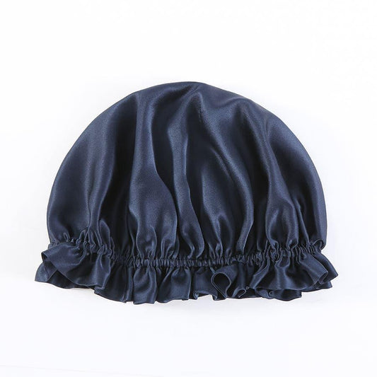 Flounced Silk Night Sleep Caps, Navy