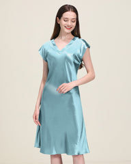19 Momme Relaxed Fit V-neck Silk Nightgown, Haze Blue