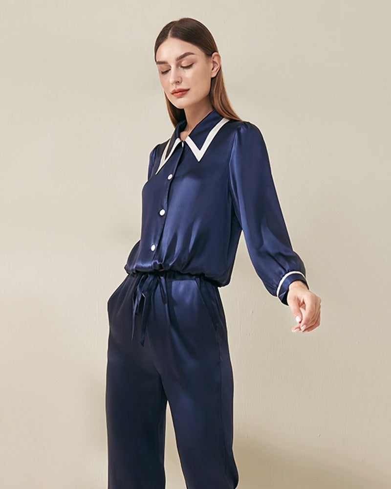 Peaked Collar Silk Pajamas, Navy