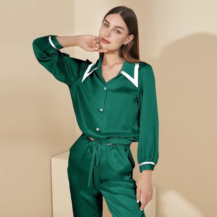 Peaked Collar Silk Pajamas, Green