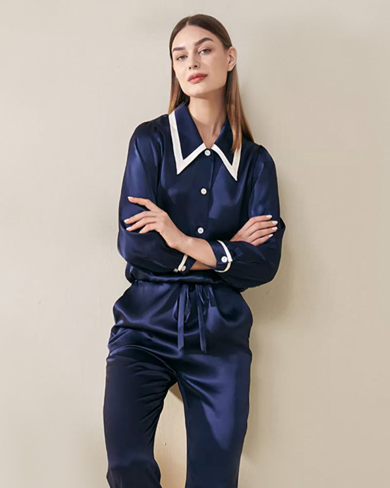 Peaked Collar Silk Pajamas, Navy