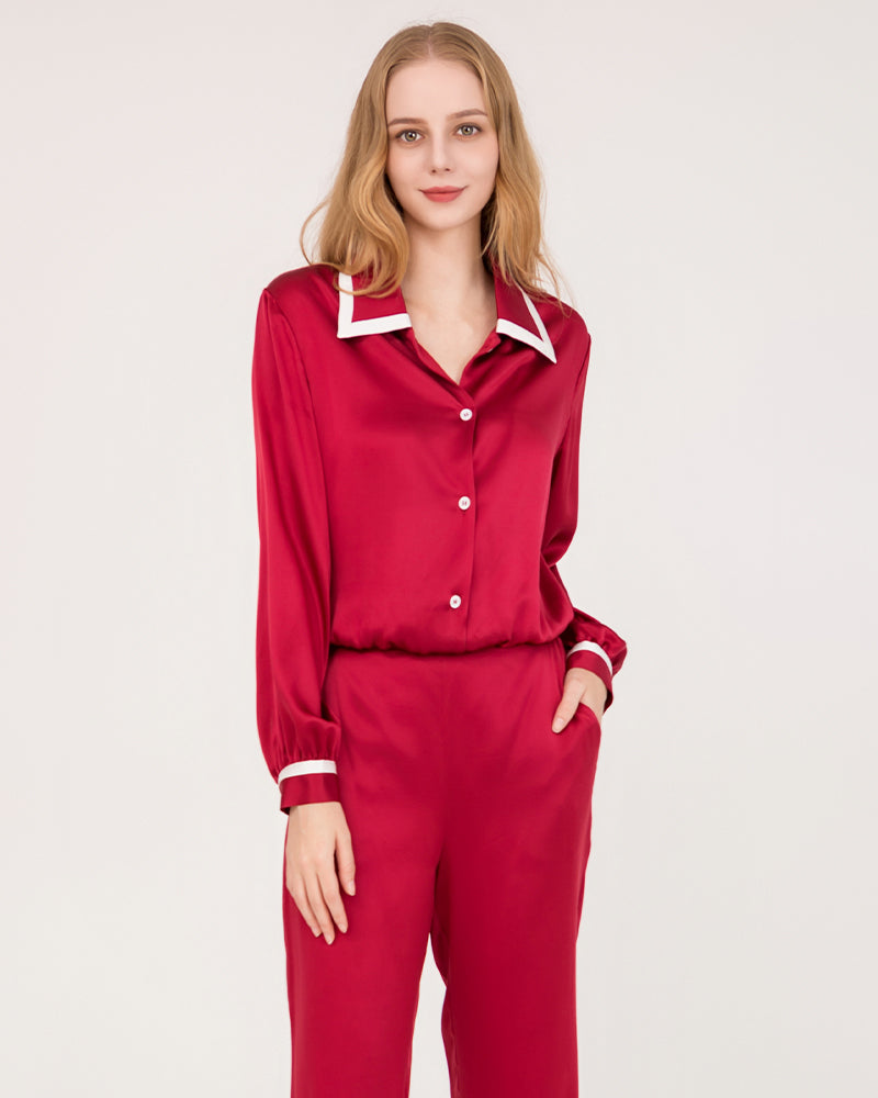 Peaked Collar Silk Pajamas, Red