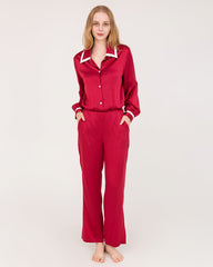 Peaked Collar Silk Pajamas, Red