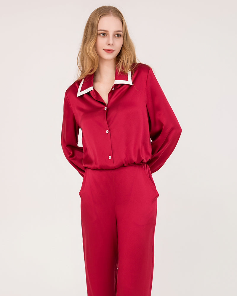 Peaked Collar Silk Pajamas, Red