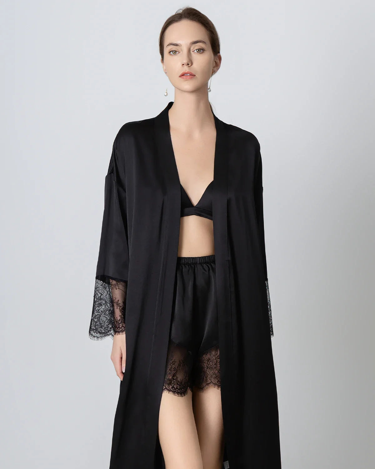 Full Length Lace Silk Robe for Women, Black