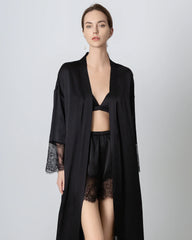 Full Length Lace Silk Robe for Women, Black