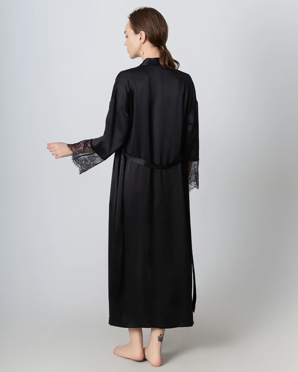 Full Length Lace Silk Robe for Women, Black