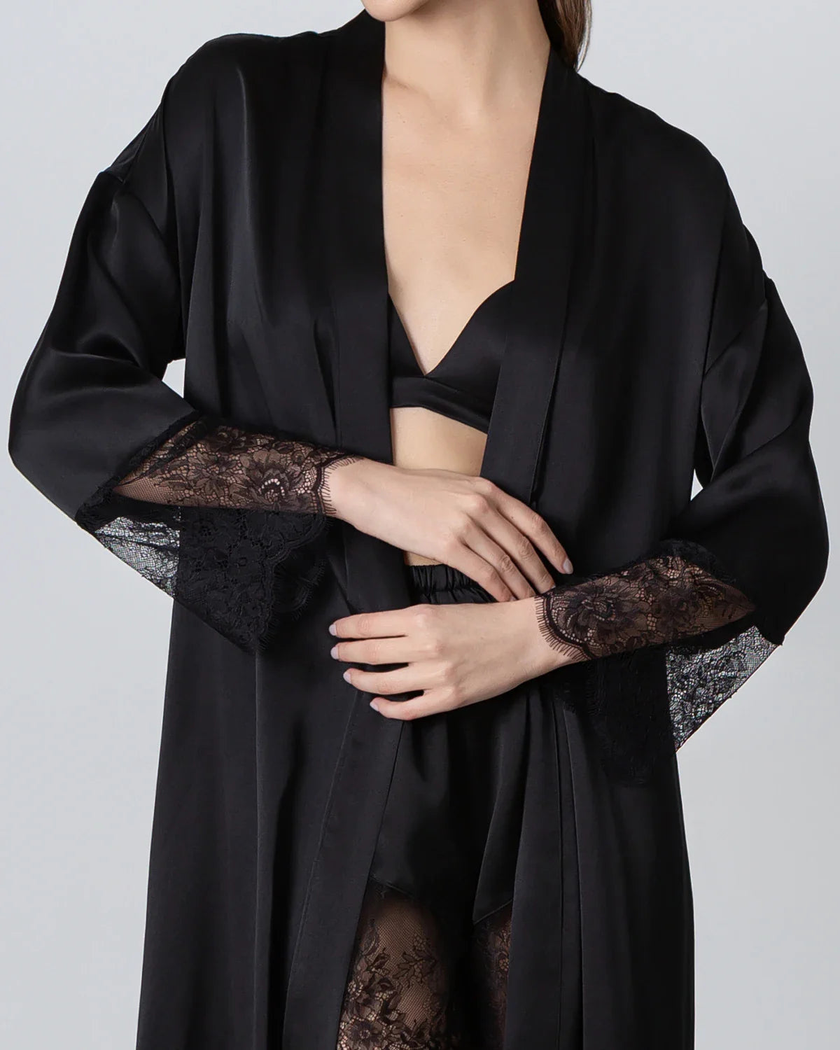 Full Length Lace Silk Robe for Women, Black