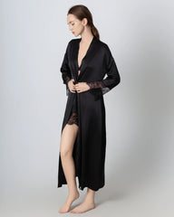Full Length Lace Silk Robe for Women, Black