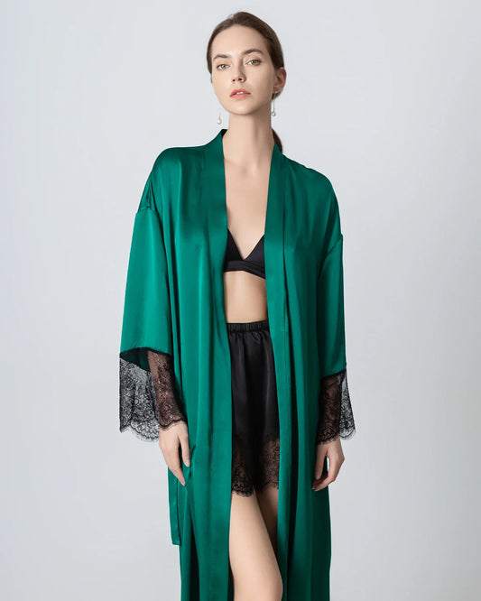 Full Length Lace Silk Robe for Women, Dark Green
